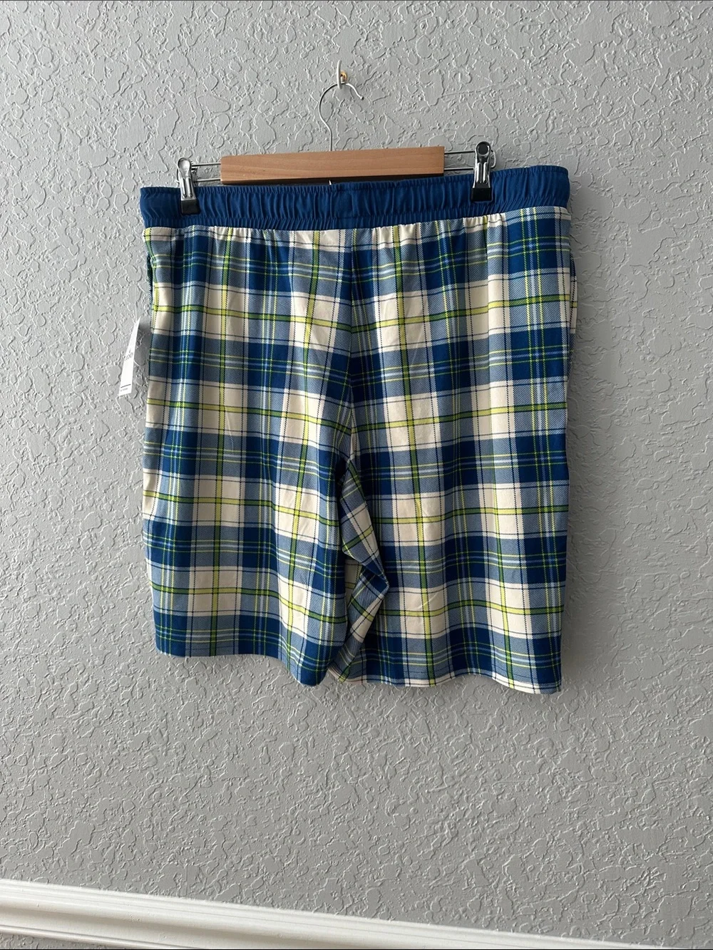 Jockey Blue White and Lime Plaid Lounge Shorts with Yellow Drawstring